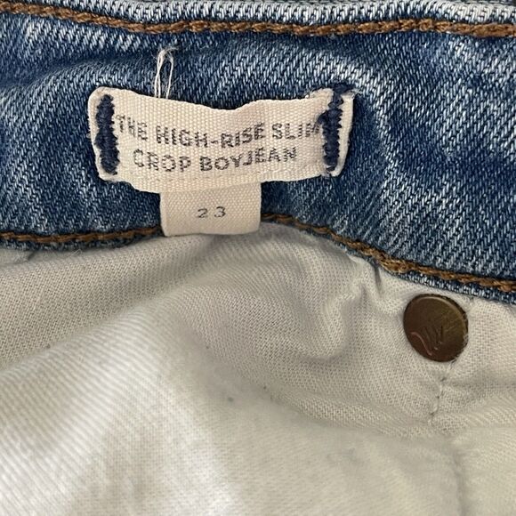 Madewell SZ 23 The High-Rise Slim Crop Boyjean Jeans Distressed Frayed Hems Blue - Picture 12 of 12
